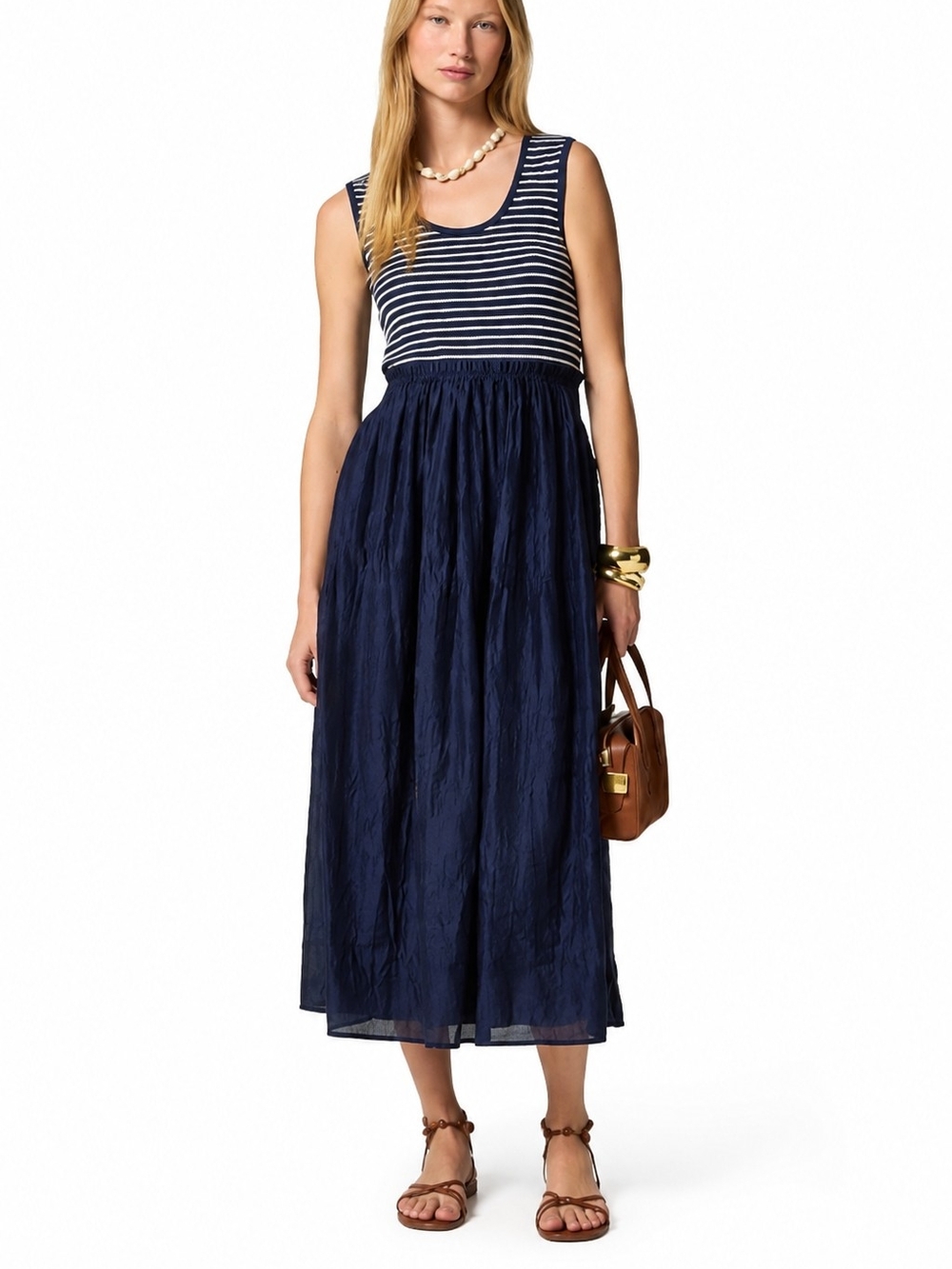 J.Crew Mixy Mixed Media Striped Crinkle Maxi Dress XS Coastal Nautical